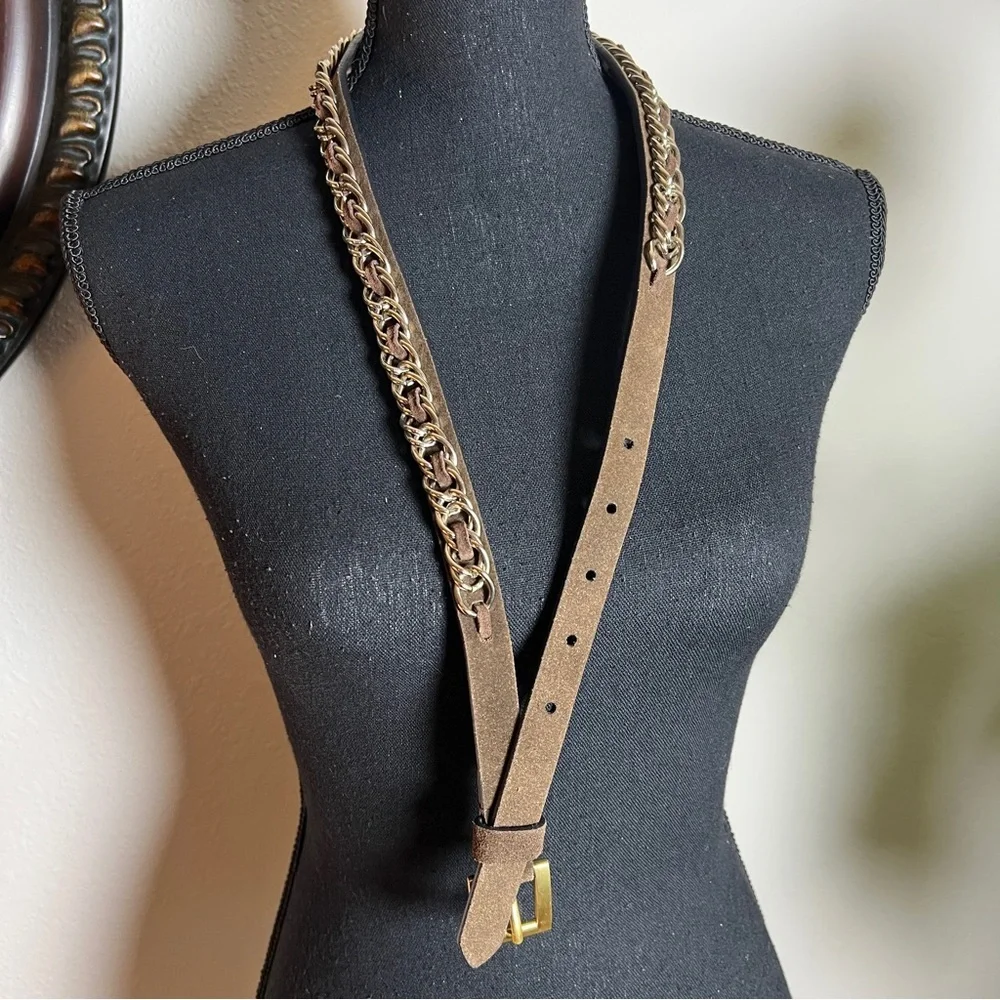 Women’s Dark Brown Suede Gold Chain Link Belt with Gold Tone Buckle Med/Large
